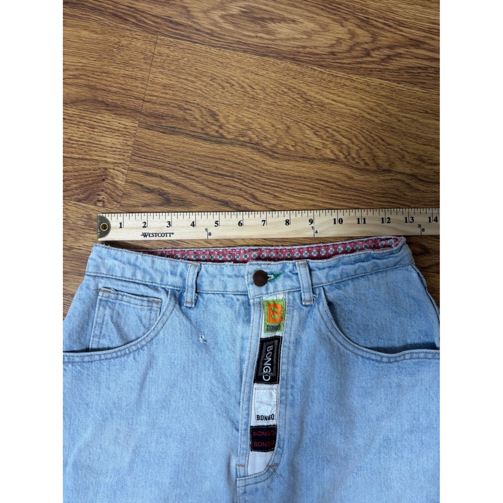 Vintage Bongo Denim Mini Skirt Light Wash High Waisted Logo Tape USA Made - Picture 7 of 7
